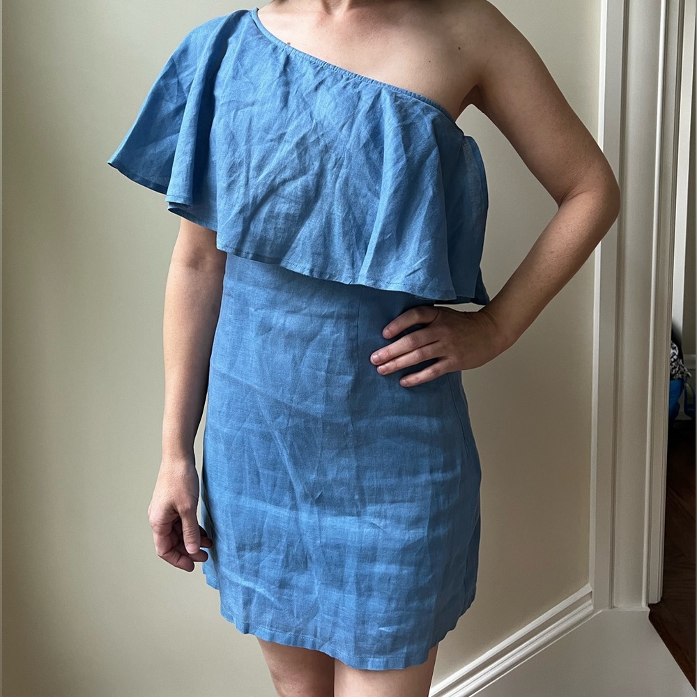 CAPULET Revolve Clara Ruffle Linenβ Dress One Shoulder Blue Mini Coquette XS P